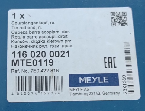 Końcówka drążka kierowniczego prawa MEYLE VW Transporter T5 T6 California 2003-2019 116 020 0021 MTE0119